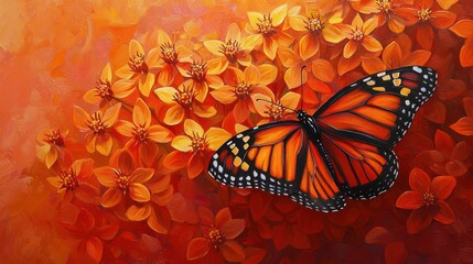 Monarch butterfly surrounded by vibrant orange flowers.