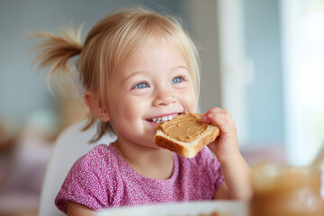 young child eating slice of peanut butter on toast for breakfast, allergen exposure theme