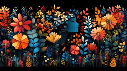A vibrant floral illustration featuring a stylized woman's profile.