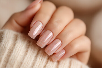 Perfectly manicured glossy pink glitter nails shine against a soft pastel backdrop, perfect for showcasing beauty and elegance