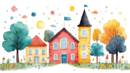 Colorful watercolor illustration of a charming village street.