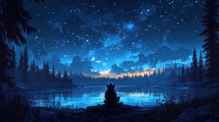 Silhouetted animal by a tranquil lake under a starry night sky.