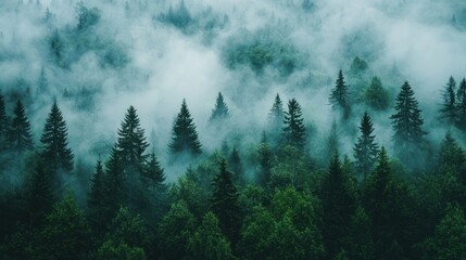 Misty forest canopy viewed from above.