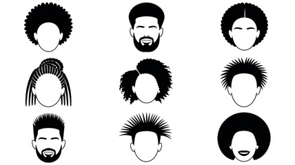 Vector set of african american hairstyle silhouettes with diverse curly textured and braided hair styles
