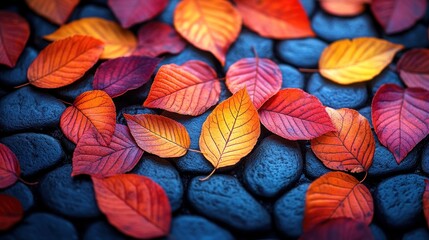 Vibrant autumn leaves on dark stones.