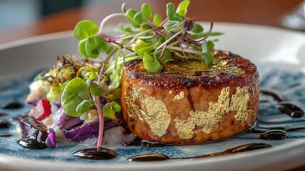 Gourmet plated entrée featuring gold-leaf crusted protein, microgreens, and artistic sauce design, styled with upscale fine dining presentation
