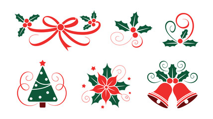 Christmas decorative elements with tree bells holly and ribbons in festive red and green color set
