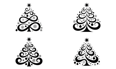 Decorative christmas tree icons in black style with swirls and snowflake ornaments
