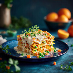 Deliciously layered vegetable lasagna on a blue plate, showcasing vibrant colors and textures