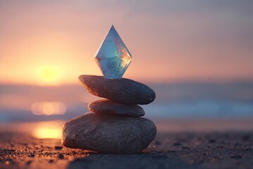 A translucent, geometric crystal rests atop a balanced stack of three dark grey stones on a sandy beach at sunset