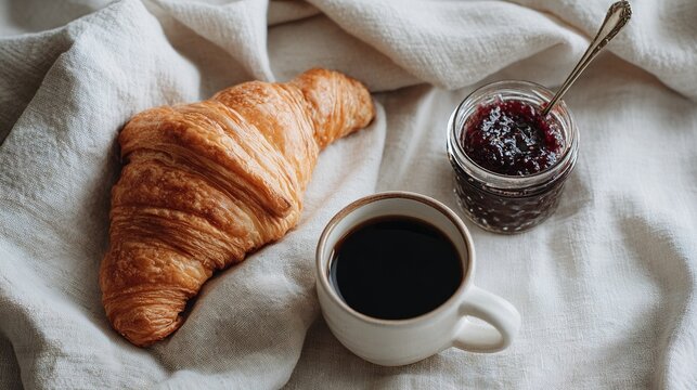 Cozy French breakfast with buttery croissant, black coffee in white ceramic mug, and jar of berry jam on soft beige linen fabric