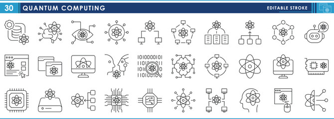 A set of line icons related to Quantum Computing. Quantum, science, digital, processor, connection, technology, database, and so on. Vector editable stroke.