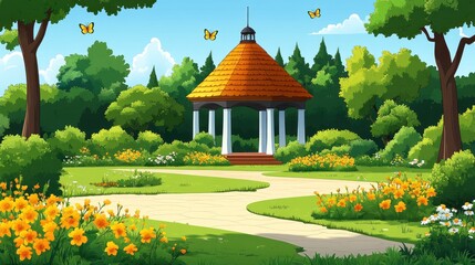 Orange gazebo in a lush park setting.