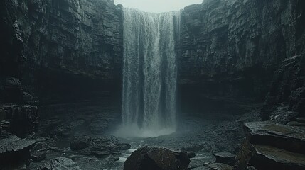 Cascading waterfall in a rocky gorge.