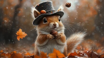 Adorable squirrel wearing a top hat in autumn foliage.