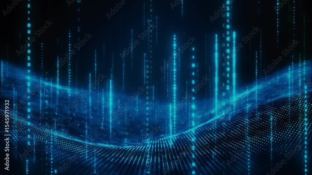 Wall mural digital technology background with glowing mesh grid, quantum wave lines, dynamic particles, cyberne