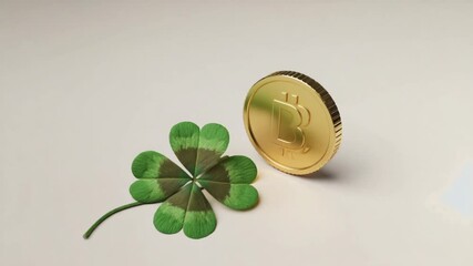 A golden coin with a Bitcoin symbol rests next to a green four-leaf clover on a light background. The scene symbolizes luck and wealth associated with lotteries..