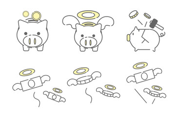 Flying Money and Broken Piggy Bank Icon Set