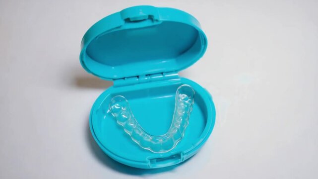 A blue dental case containing a clear orthodontic aligner. The aligner is designed for teeth straightening. The case is open, showcasing the aligner inside..