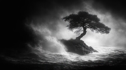 A solitary tree stands defiant amidst a stormy sea.