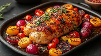 Roasted chicken breast with colorful vegetables in a pan.