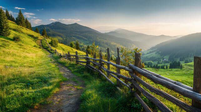 Exploring a serene mountain path embraced by a wooden fence at sunrise with lush meadows and vibrant nature unfolding - Powered by Adobe