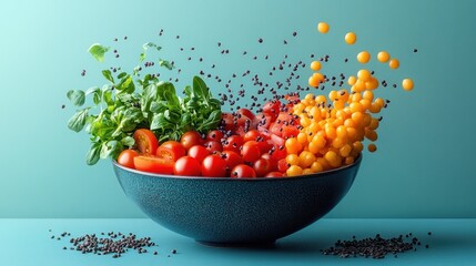 Colorful vegetables and seeds in a bowl.