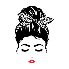 Messy bun woman with leopard hair bow svg cut file. Isolated vector illustration.