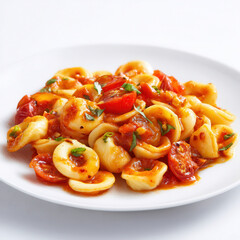 Vibrant orecchiette pasta adorned with rich tomato sauce and herbs on a simple white plate
