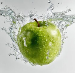 A vibrant green apple submerged in water, creating a dynamic splash with water droplets clinging to its surface