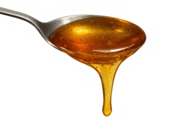 Golden honey streaming down wooden spoon, showcasing rich amber liquid flowing with smooth, glossy consistency against clean backdrop