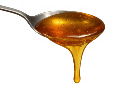 Golden honey streaming down wooden spoon, showcasing rich amber liquid flowing with smooth, glossy consistency against clean backdrop