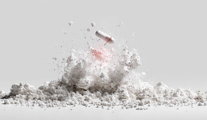 A white capsule hovers above a cloud of white powder, exploding outwards in a dynamic burst against a neutral gray background