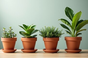Fototapeta premium Small potted plants natural decor wood table ai generated