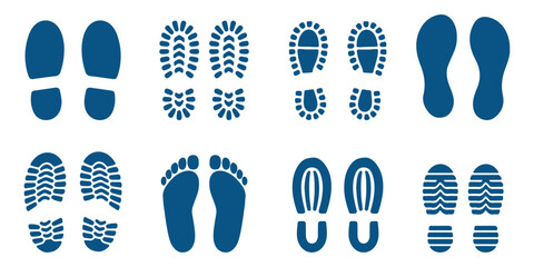 Footprint and shoe print icons set – vector illustration on white background.  Vector Footprint Icons Collection  Human, Shoe, Boot, and Sole Print Silhouettes Set . 
