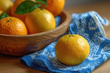 A wooden bowl brimming with bright oranges and one sat on a blue patterned cloth, all on a wooden surface