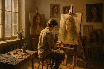 Fototapeta premium Artist painting a classical portrait of a woman in a warm-lit studio filled with completed canvases, evoking creativity, introspection, and timeless artistic process.