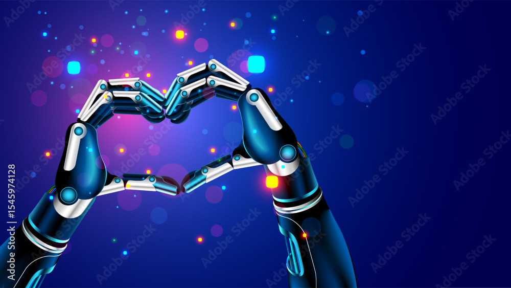 Aufkleber A cyborg or robot makes a heart gesture with his hands. The hands of the humanoid robot are folded in a heart shaped close-up. Artificial intelligence shows a gesture of love. Vector cyborg hands.