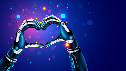 A cyborg or robot makes a heart gesture with his hands. The hands of the humanoid robot are folded in a heart shaped close-up. Artificial intelligence shows a gesture of love. Vector cyborg hands.
