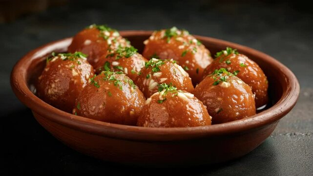 Baked garlic cheese balls with a golden brown crust, served in a rustic ceramic bowl.