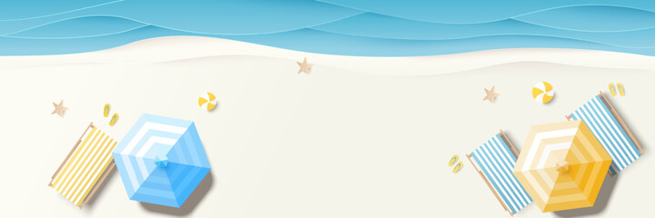 Summer, travel and holiday concept. Aerial view of sunbed, flip flops, beach ball, yellow umbrella on sandy beach with copy space. Summertime background. Top view. Vector illustration