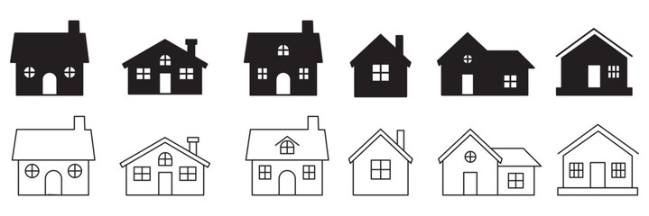 Black house icon collection, various residential building silhouettes, simple home design vector, architecture elements