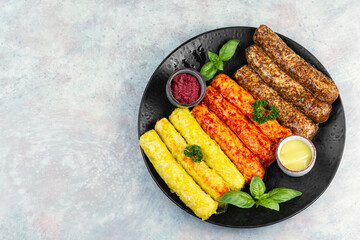 Various kind of types of fresh sausages.