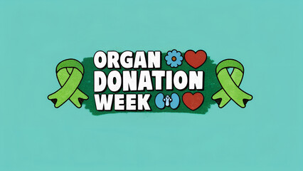 Organ donation week graphic with green ribbons and hearts on a blue background