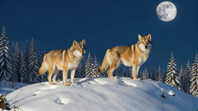 two wolfs standing on a snowy hill with a full moon in the background