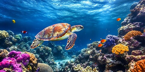 Fototapeta premium Sea Turtle Grace Vibrant Coral Reef Scene
