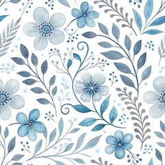 Grey and Blue Abstract Floral Seamless Watercolor Pattern