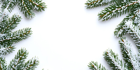 Frosty pine branches frame a white background, creating a winter holiday border.