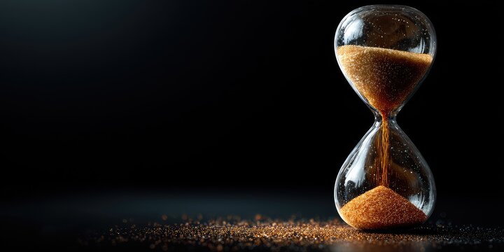 An hourglass with amber sand against a dark background; sand spills onto a surface