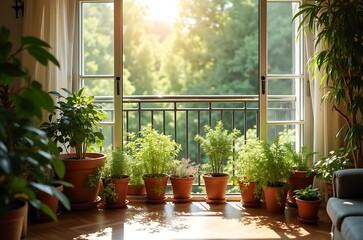 Sunlight apartment balcony plants terracotta pots home decor ai generated